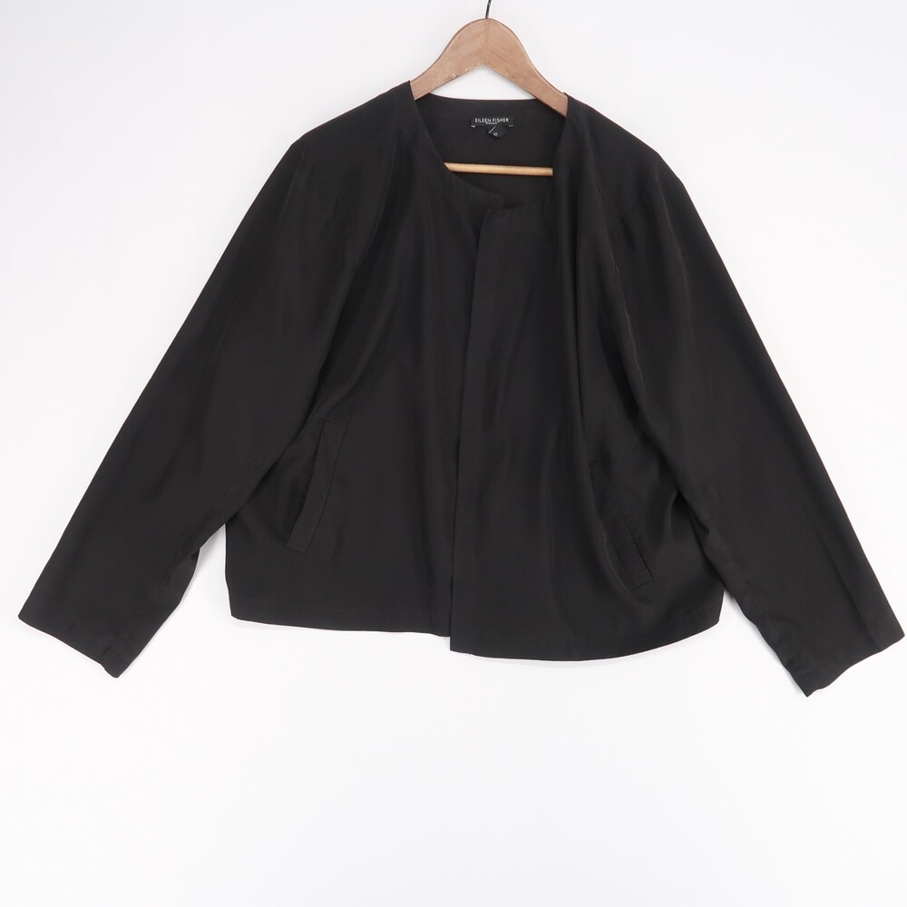 Eileen Fisher‎ Jacket Womens 2X Black Open Front Tencel Lyocell Collarless
